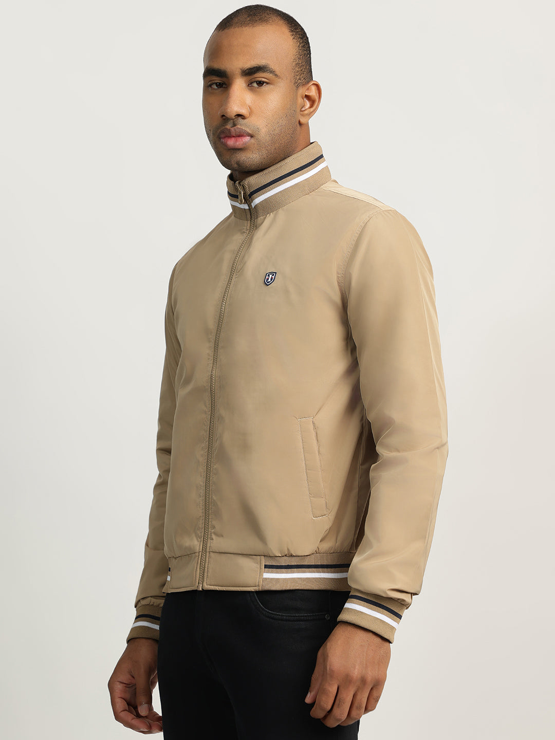 Iconic Men Beige Solid Stand Collar Full Sleeves Reversible Jacket