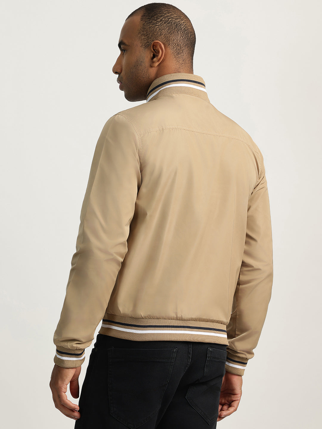 Iconic Men Beige Solid Stand Collar Full Sleeves Reversible Jacket