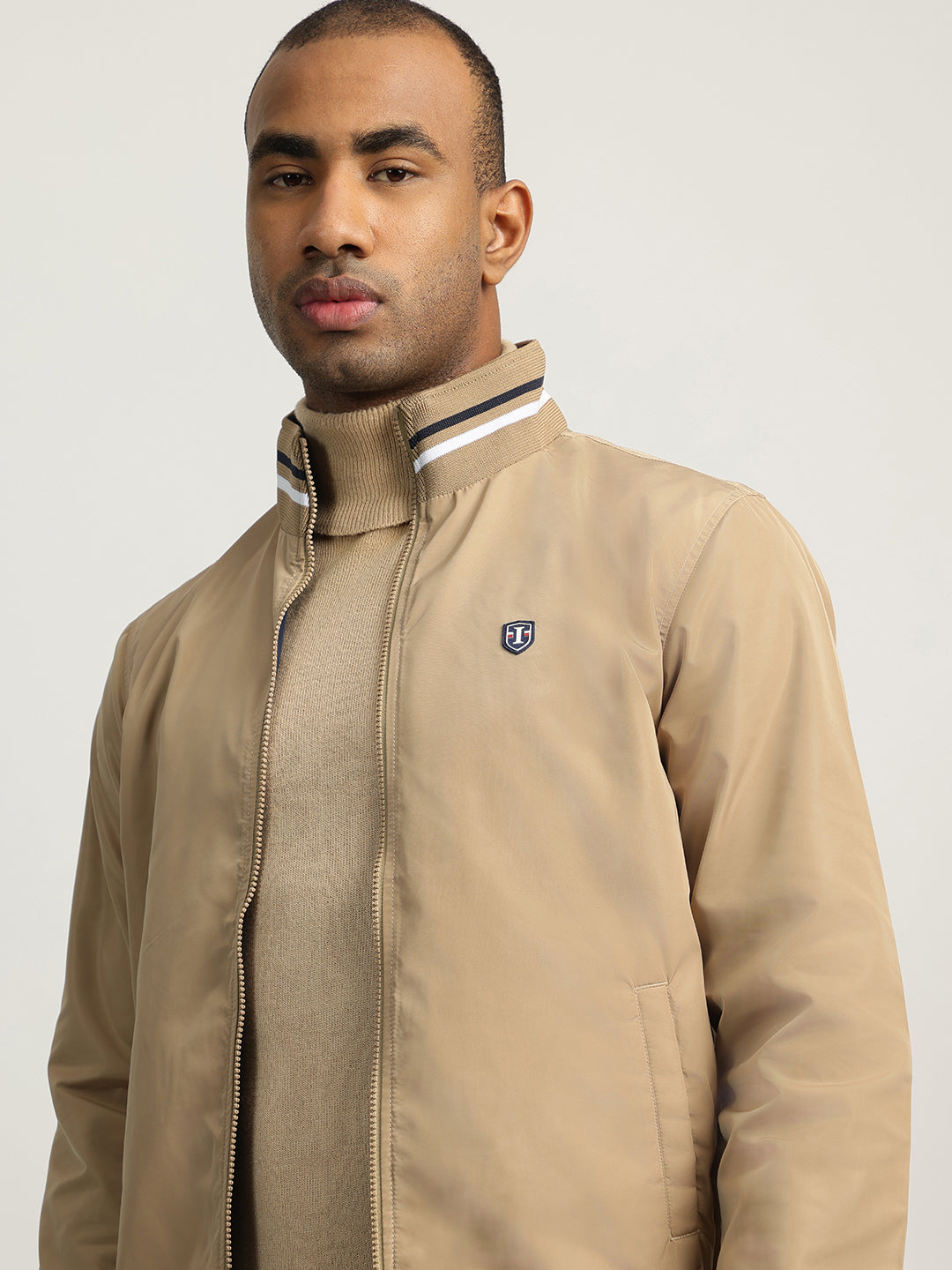 Iconic Men Beige Solid Stand Collar Full Sleeves Reversible Jacket