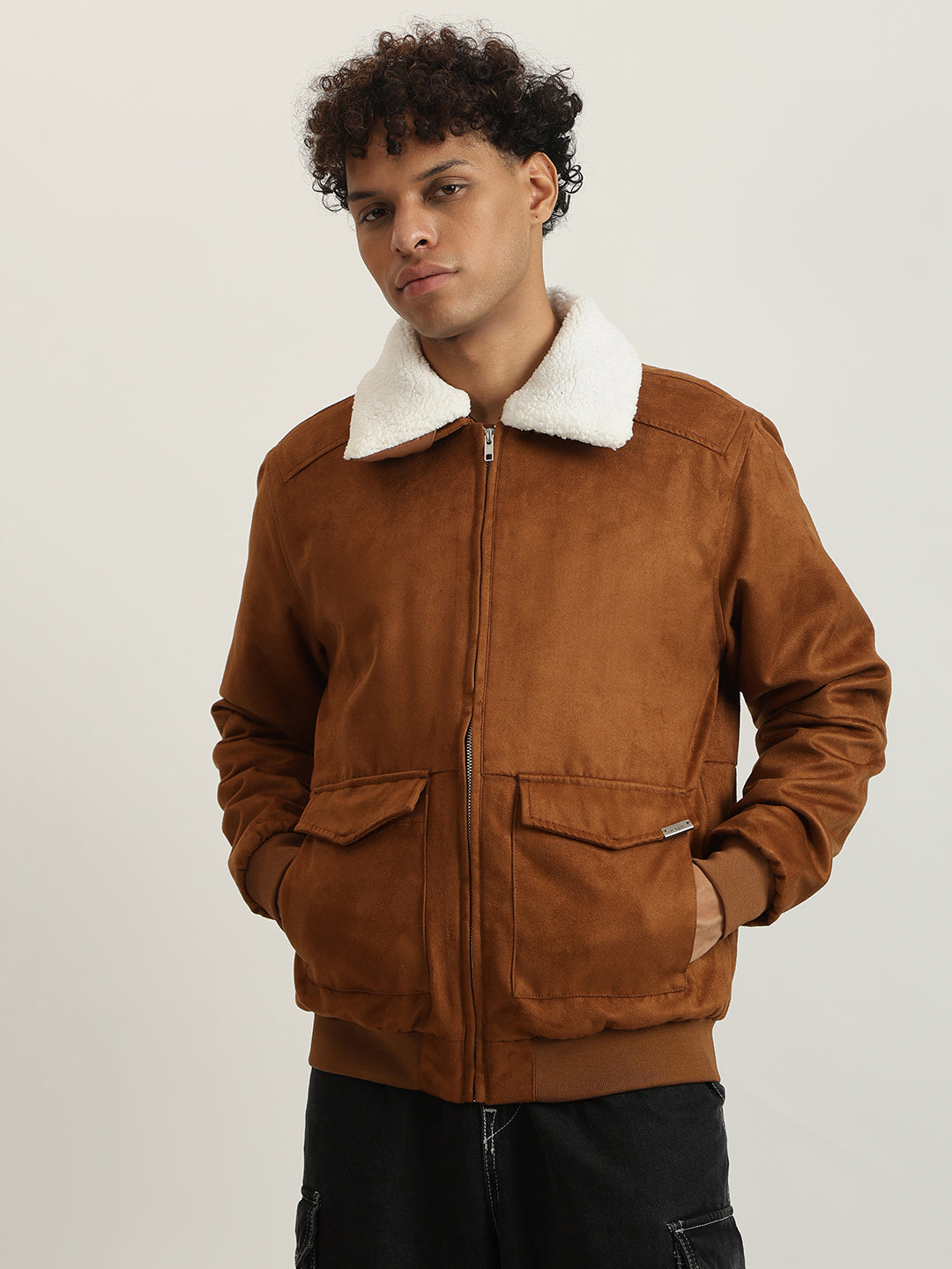 Iconic Men Brown Solid Spread Collar Full Sleeves Shearling Jacket