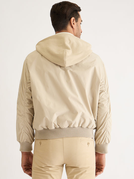 Iconic Men Beige Solid Hooded Full Sleeves Bomber Jacket