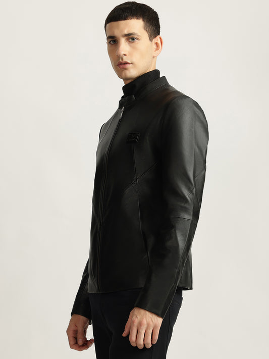 Iconic Men Black Solid Stand Collar Full Sleeves Biker Jacket