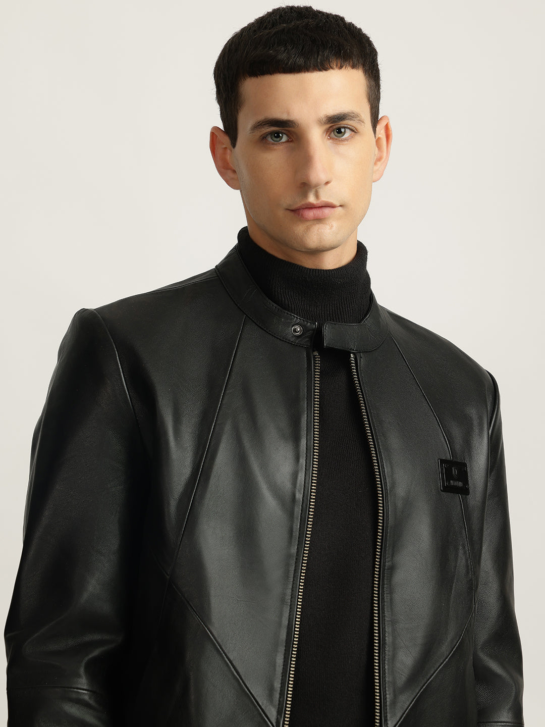 Iconic Men Black Solid Stand Collar Full Sleeves Biker Jacket