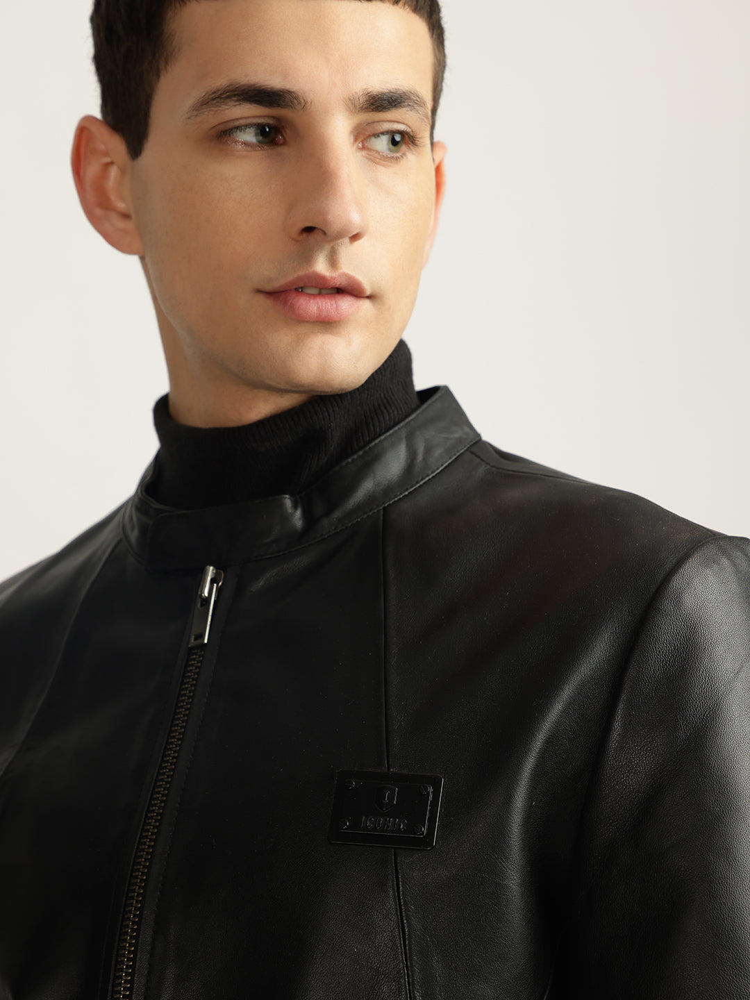 Iconic Men Black Solid Stand Collar Full Sleeves Biker Jacket