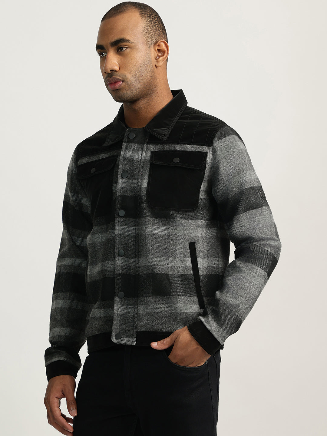 Iconic Men Black Checked Spread Collar Full Sleeves Jacket