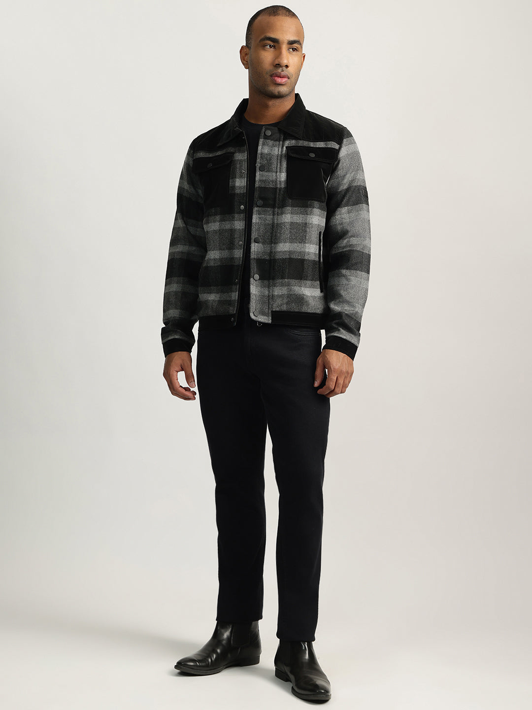 Iconic Men Black Checked Spread Collar Full Sleeves Jacket