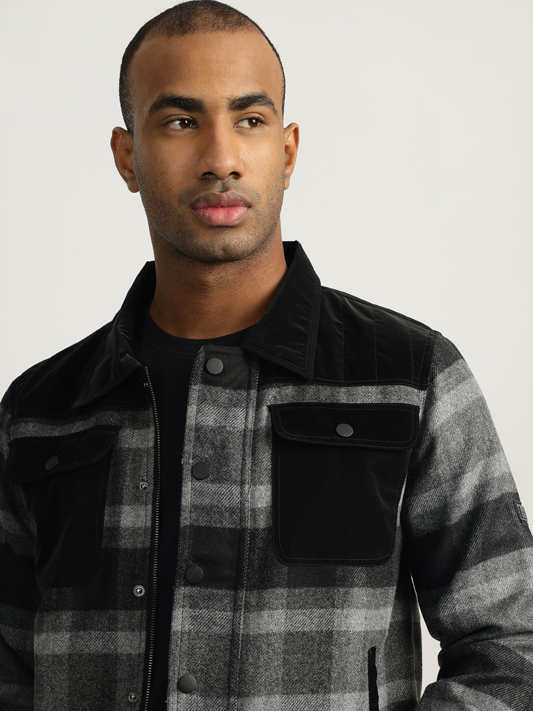 Iconic Men Black Checked Spread Collar Full Sleeves Jacket