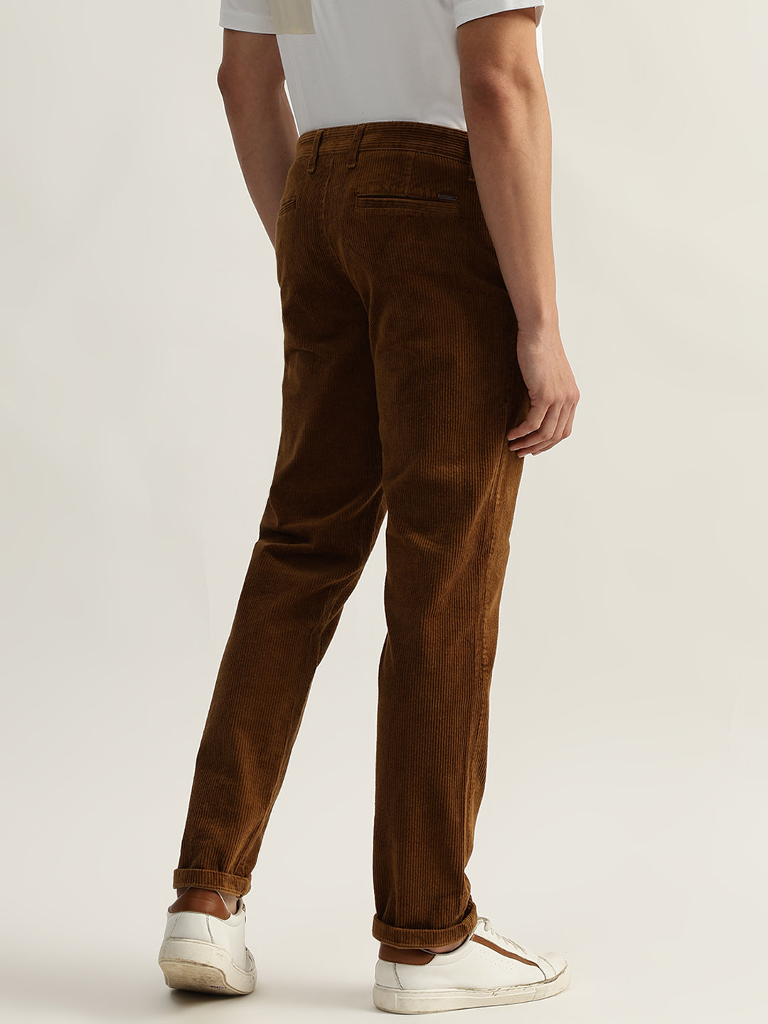 Iconic Men Brown Solid Regular Fit Corduroy Flat-Front Trouser