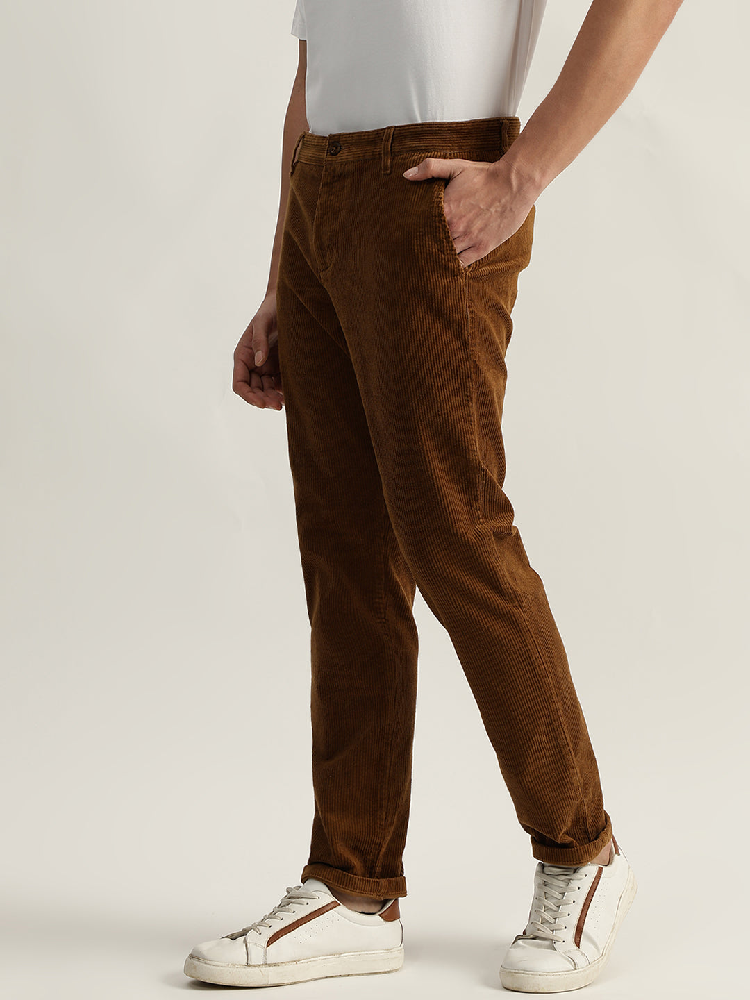 Iconic Men Brown Solid Regular Fit Corduroy Flat-Front Trouser