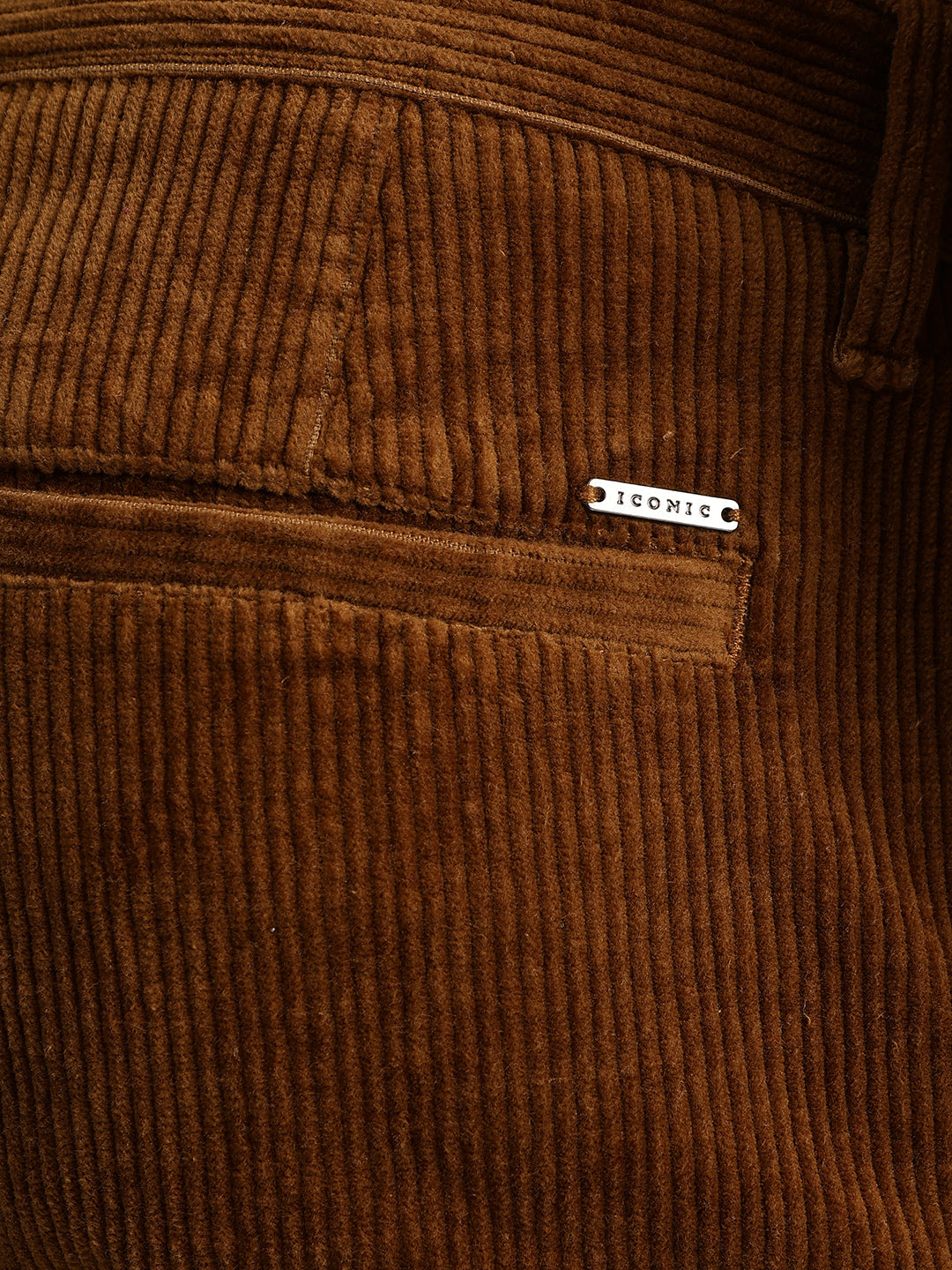 Iconic Men Brown Solid Regular Fit Corduroy Flat-Front Trouser