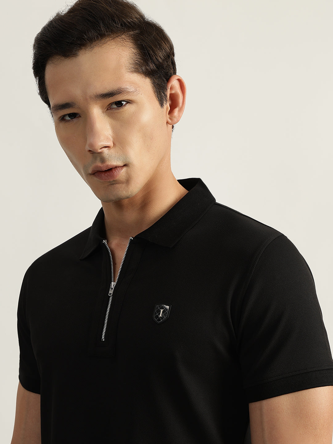 Iconic Men Black Solid Polo Collar Short Sleeves T-Shirt