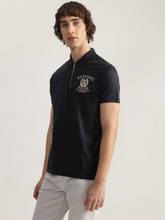 Iconic Men Navy Blue Solid Polo Neck Short Sleeves T-Shirt