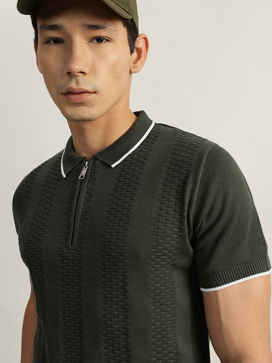 Iconic Men Olive Solid Polo Collar Short Sleeves T-Shirt