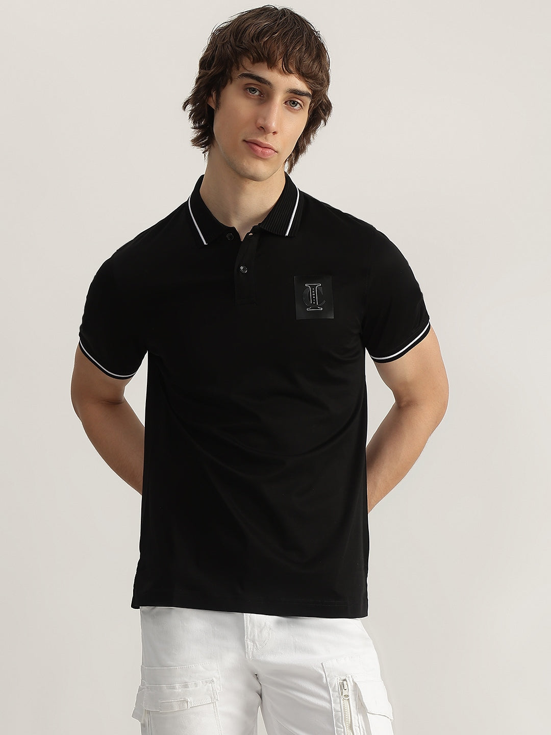 Iconic Men Black Solid Polo Neck Short Sleeves T-Shirt