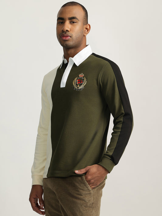 Iconic Men Green Color-Blocked Collared Full Sleeves Polo T-Shirt