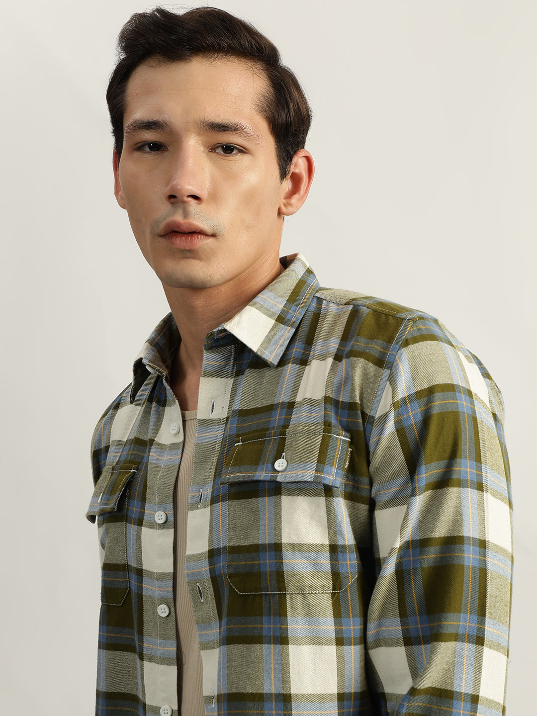 Iconic Men Green Checked Spread Collar Full Sleeves Shirt