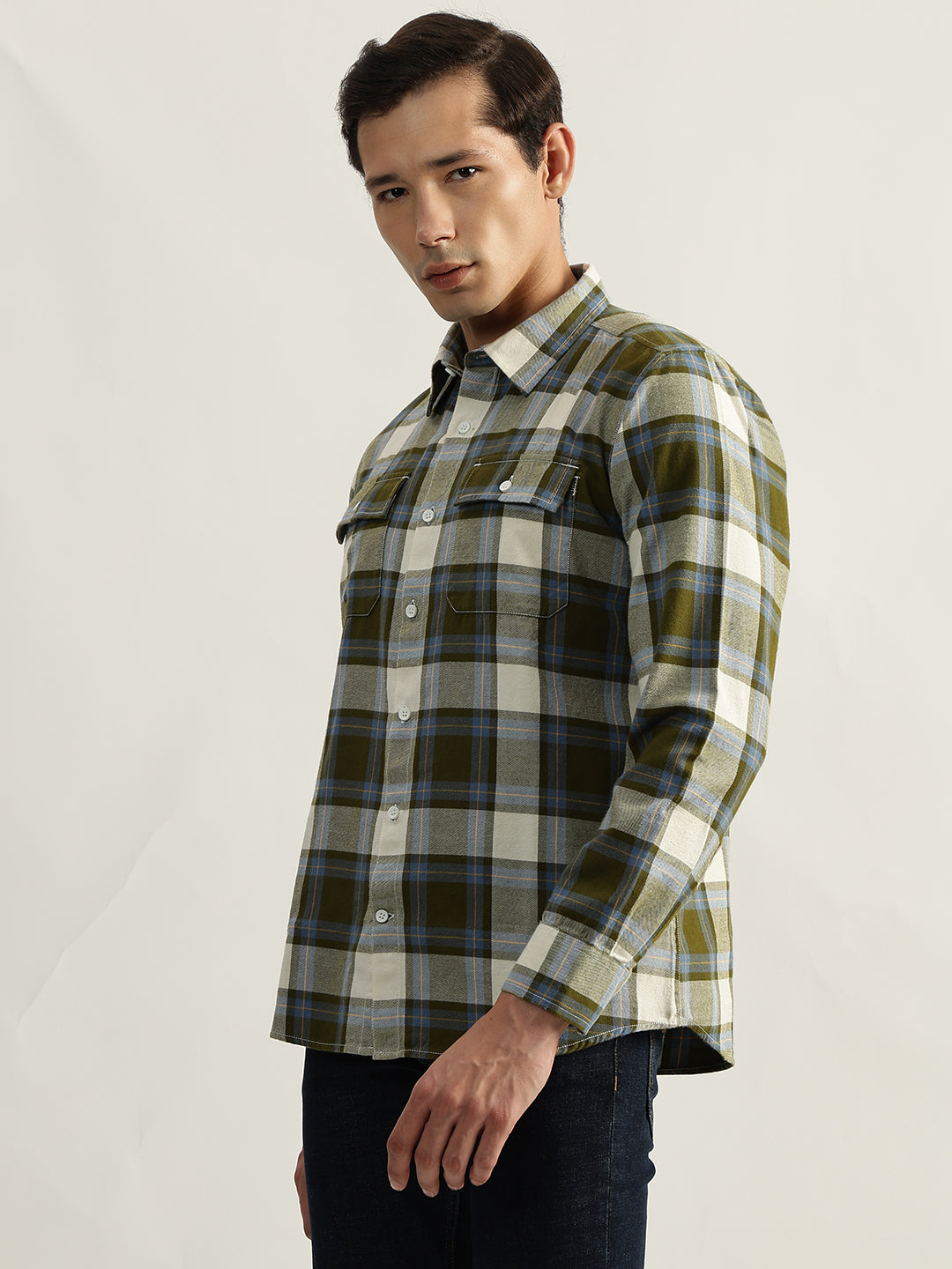 Iconic Men Green Checked Spread Collar Full Sleeves Shirt