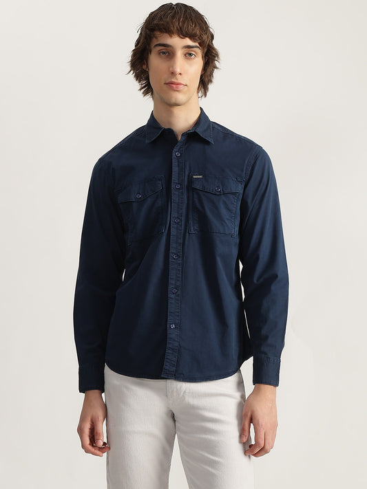 Iconic Men Navy Blue Solid Spread Collar Full Sleeves Shirt