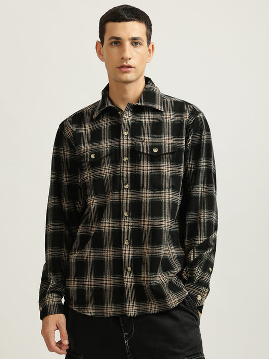 Iconic Men Green Checked Spread Collar Full Sleeves Shirt