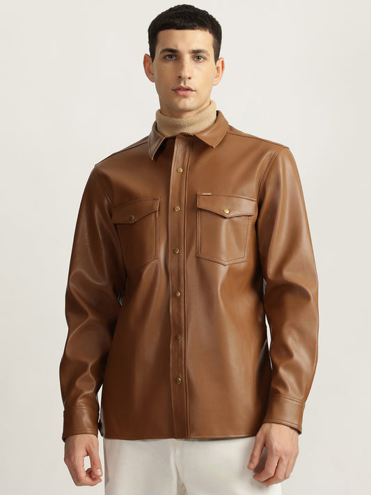 Iconic Men Brown Solid Spread Collar Full Sleeves Shirt