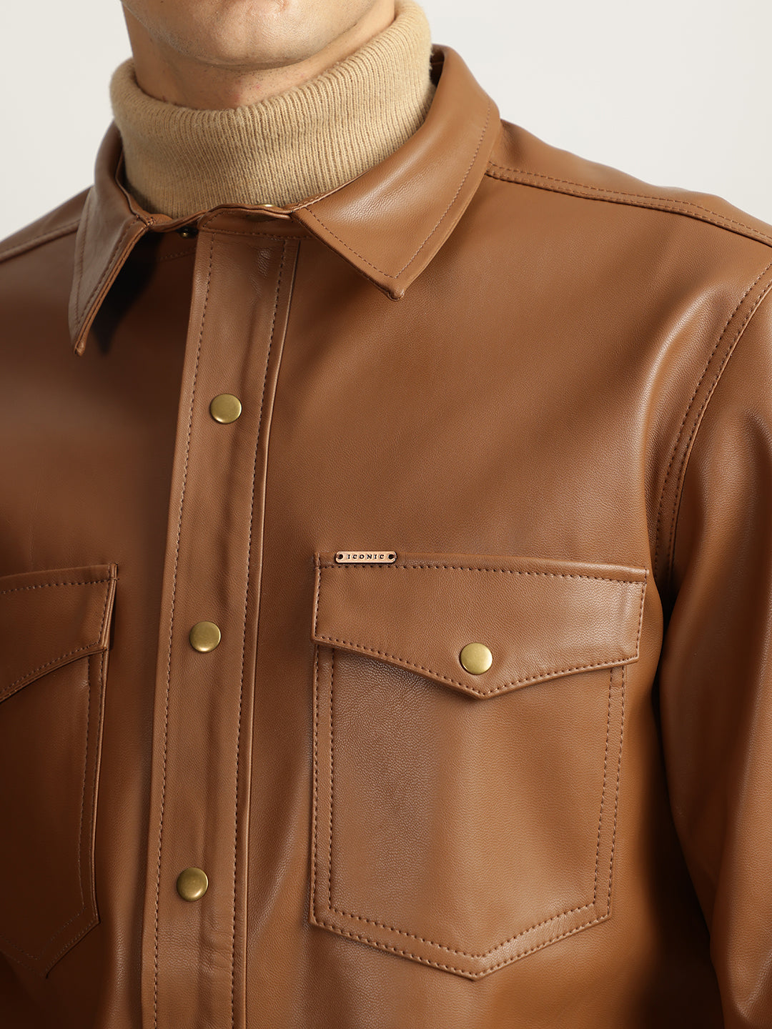 Iconic Men Brown Solid Spread Collar Full Sleeves Shirt