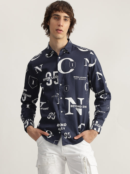 Iconic Men Navy Blue Printed Spread Collar Full Sleeves Shirt