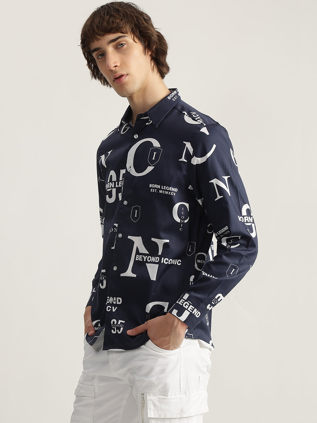 Iconic Men Navy Blue Printed Spread Collar Full Sleeves Shirt