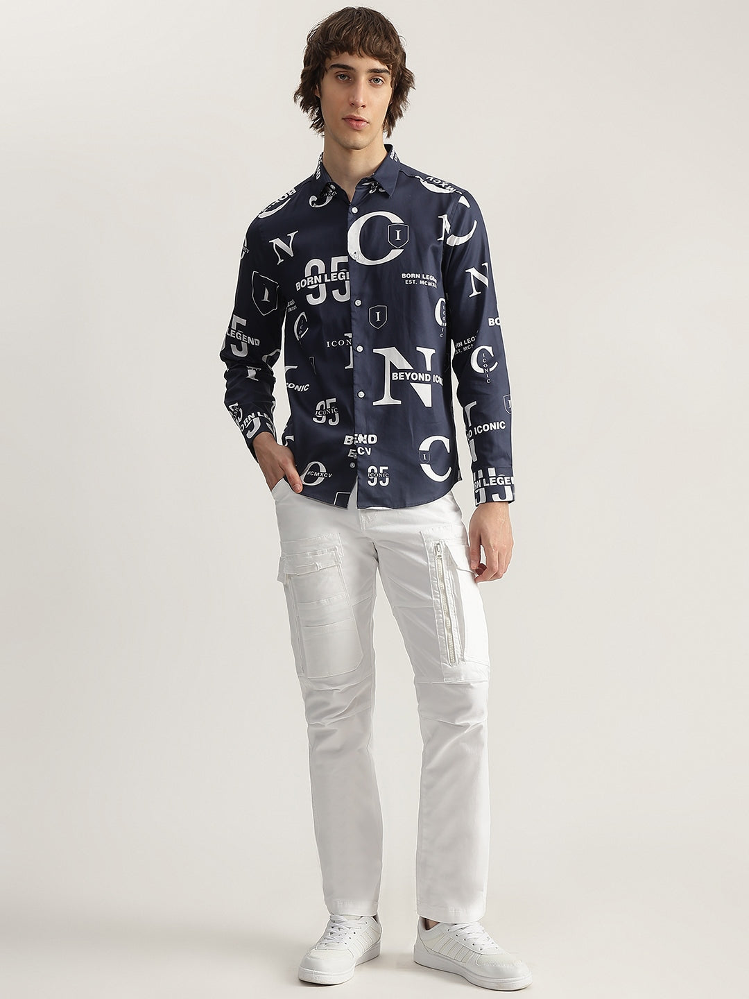 Iconic Men Navy Blue Printed Spread Collar Full Sleeves Shirt