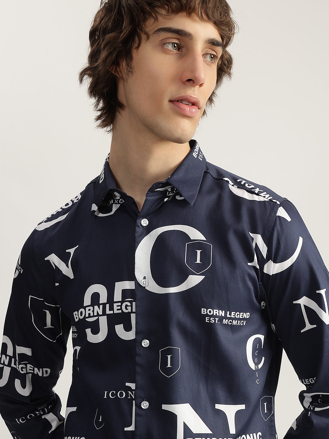 Iconic Men Navy Blue Printed Spread Collar Full Sleeves Shirt