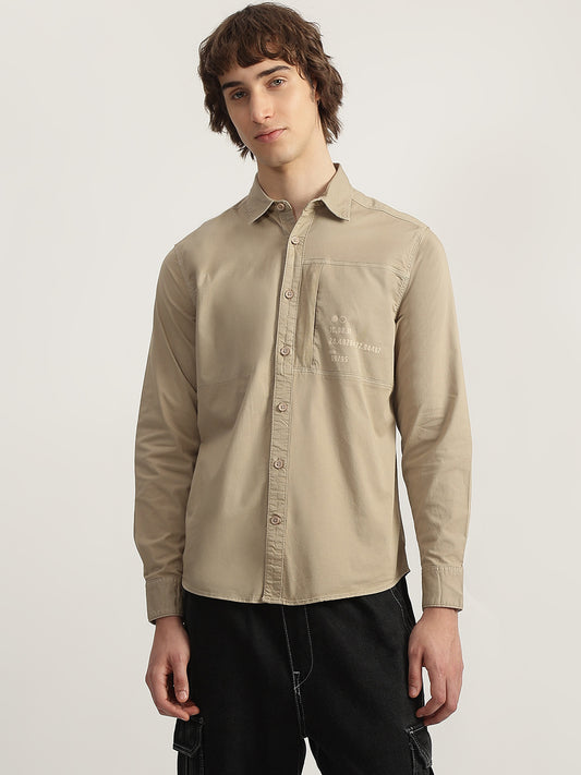 Iconic Men Khaki Solid Spread Collar Full Sleeves Shirt