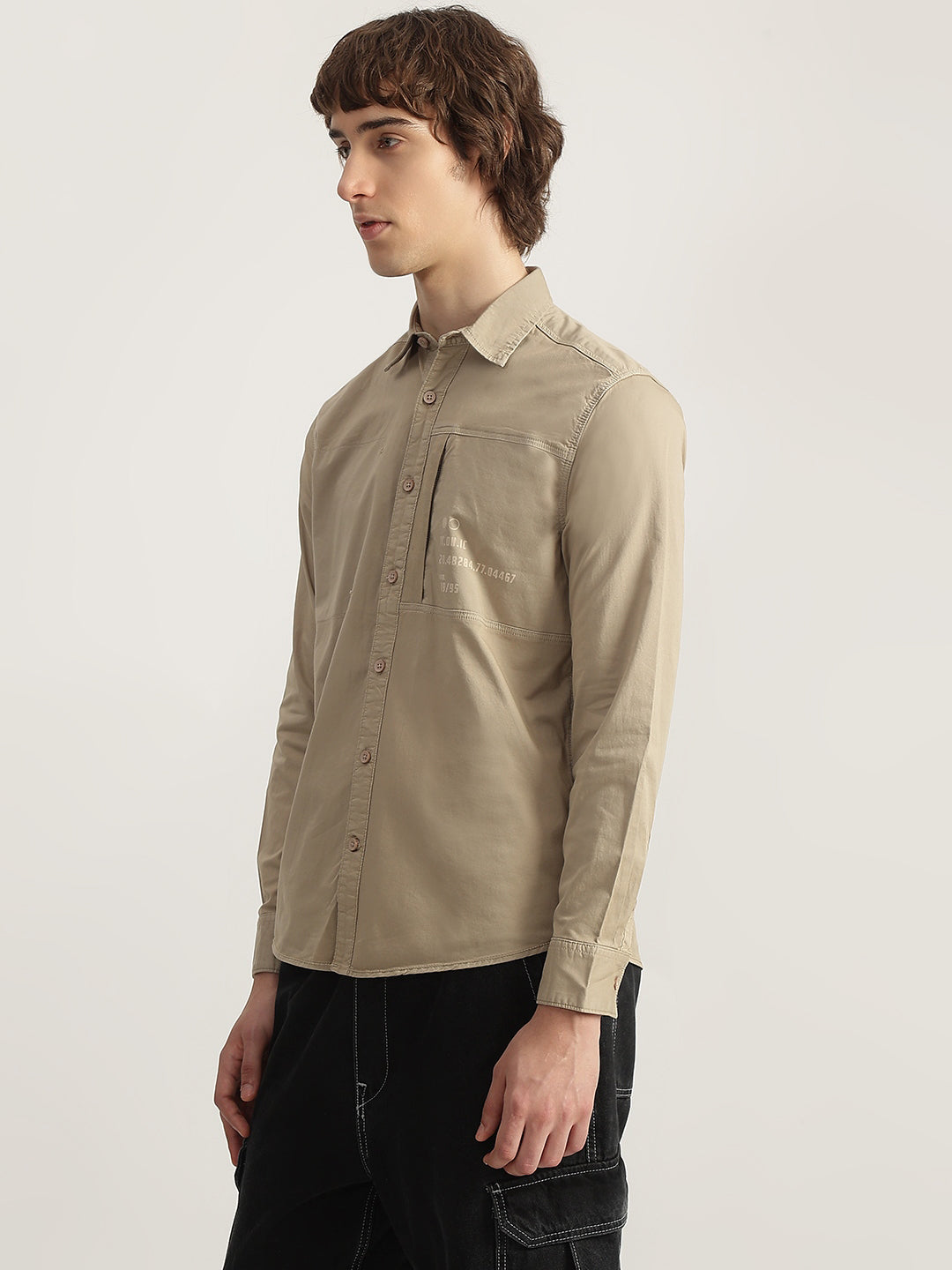 Iconic Men Khaki Solid Spread Collar Full Sleeves Shirt