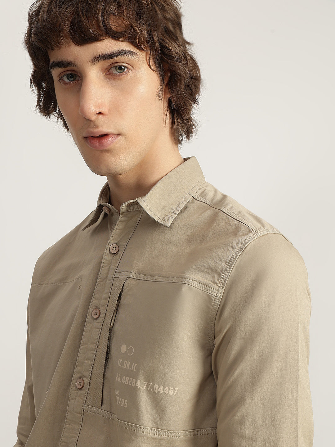 Iconic Men Khaki Solid Spread Collar Full Sleeves Shirt