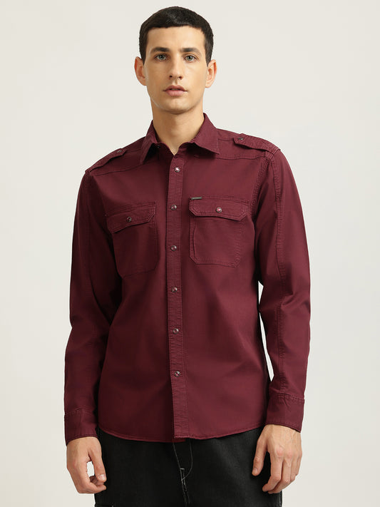 Iconic Men Red Solid Spread Collar Full Sleeves Shirt