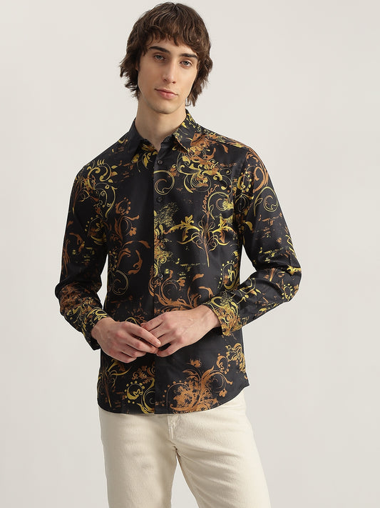 Iconic Men Black Printed Spread Collar Full Sleeves Shirt