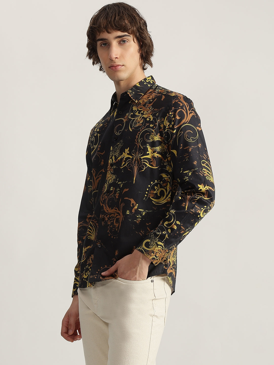 Iconic Men Black Printed Spread Collar Full Sleeves Shirt