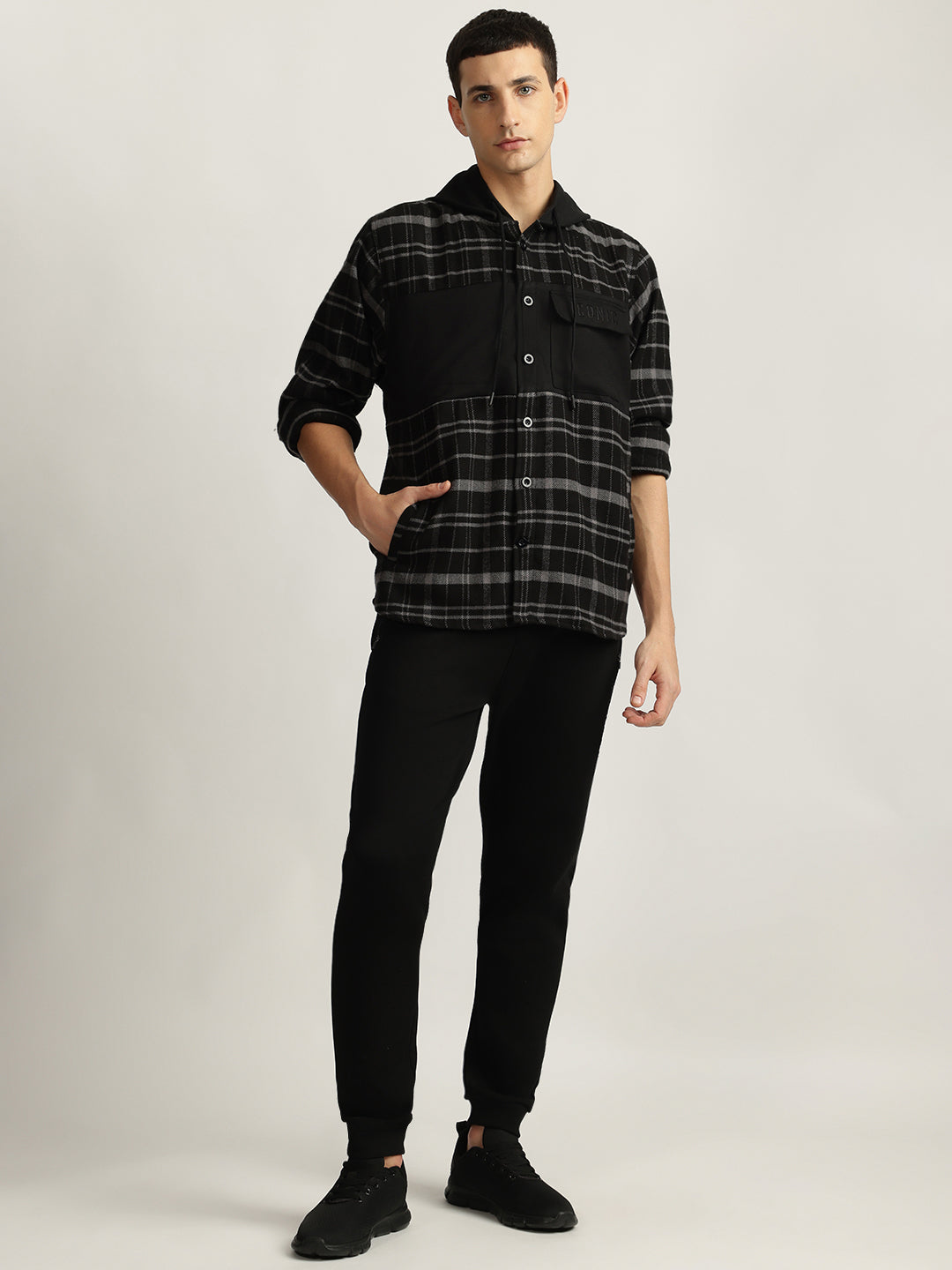 Iconic Men Black Checked Hooded Full Sleeves Shirt