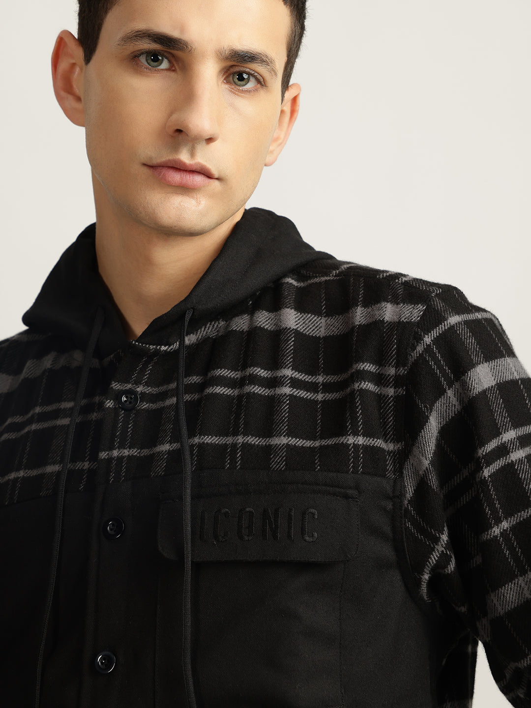 Iconic Men Black Checked Hooded Full Sleeves Shirt