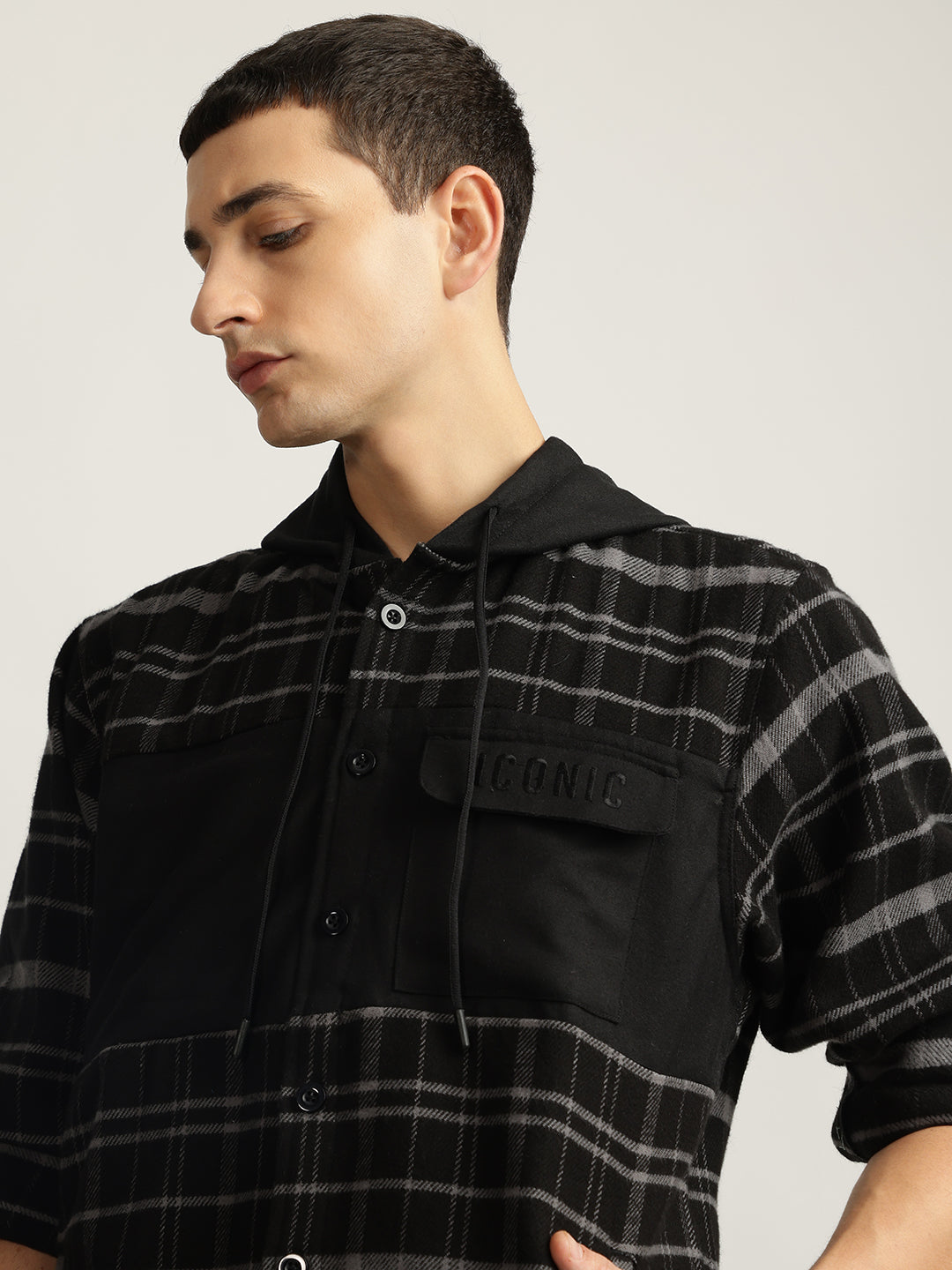 Iconic Men Black Checked Hooded Full Sleeves Shirt