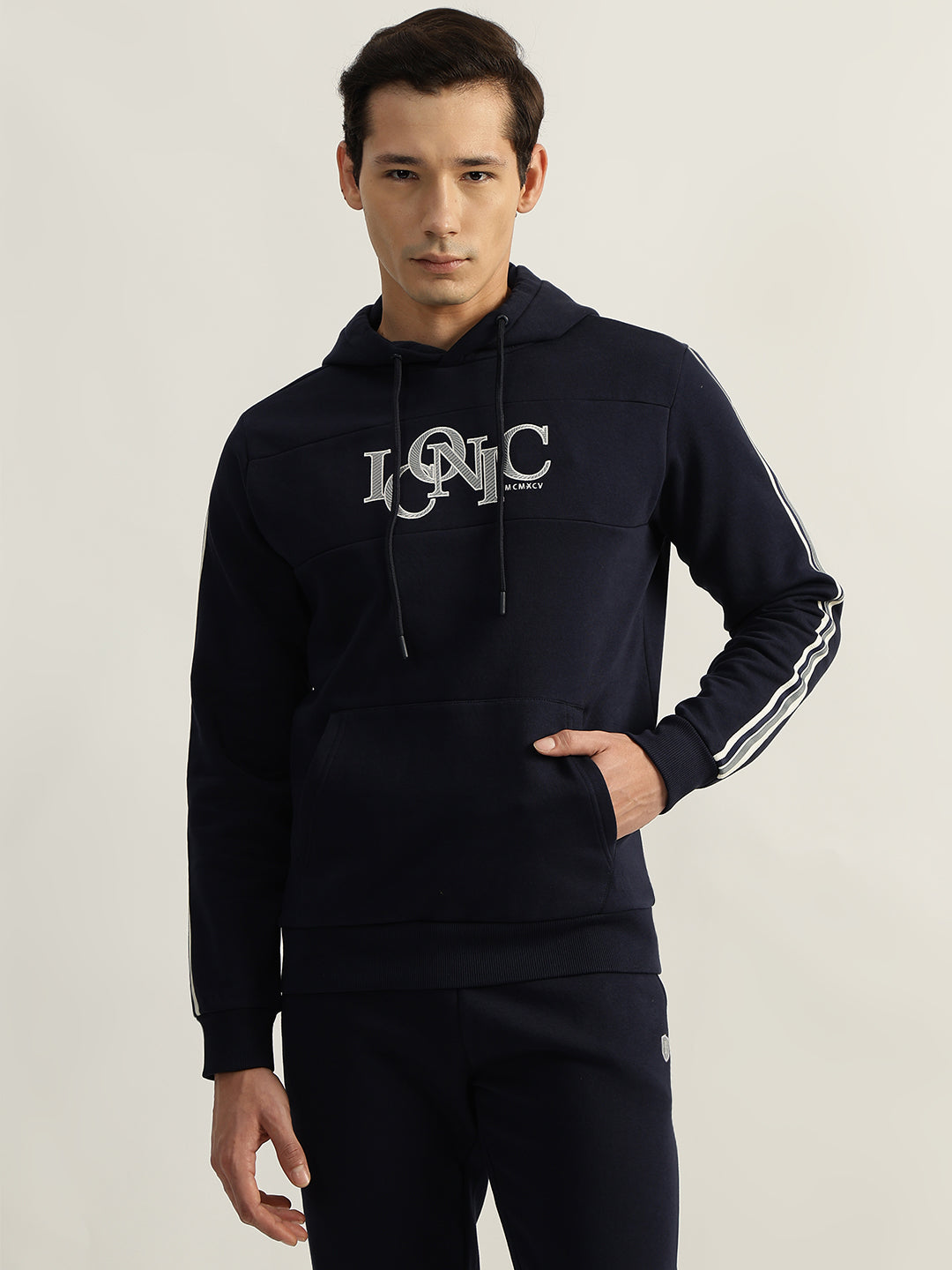 Iconic Men Navy Embroidered Hooded Full Sleeves Sweatshirt