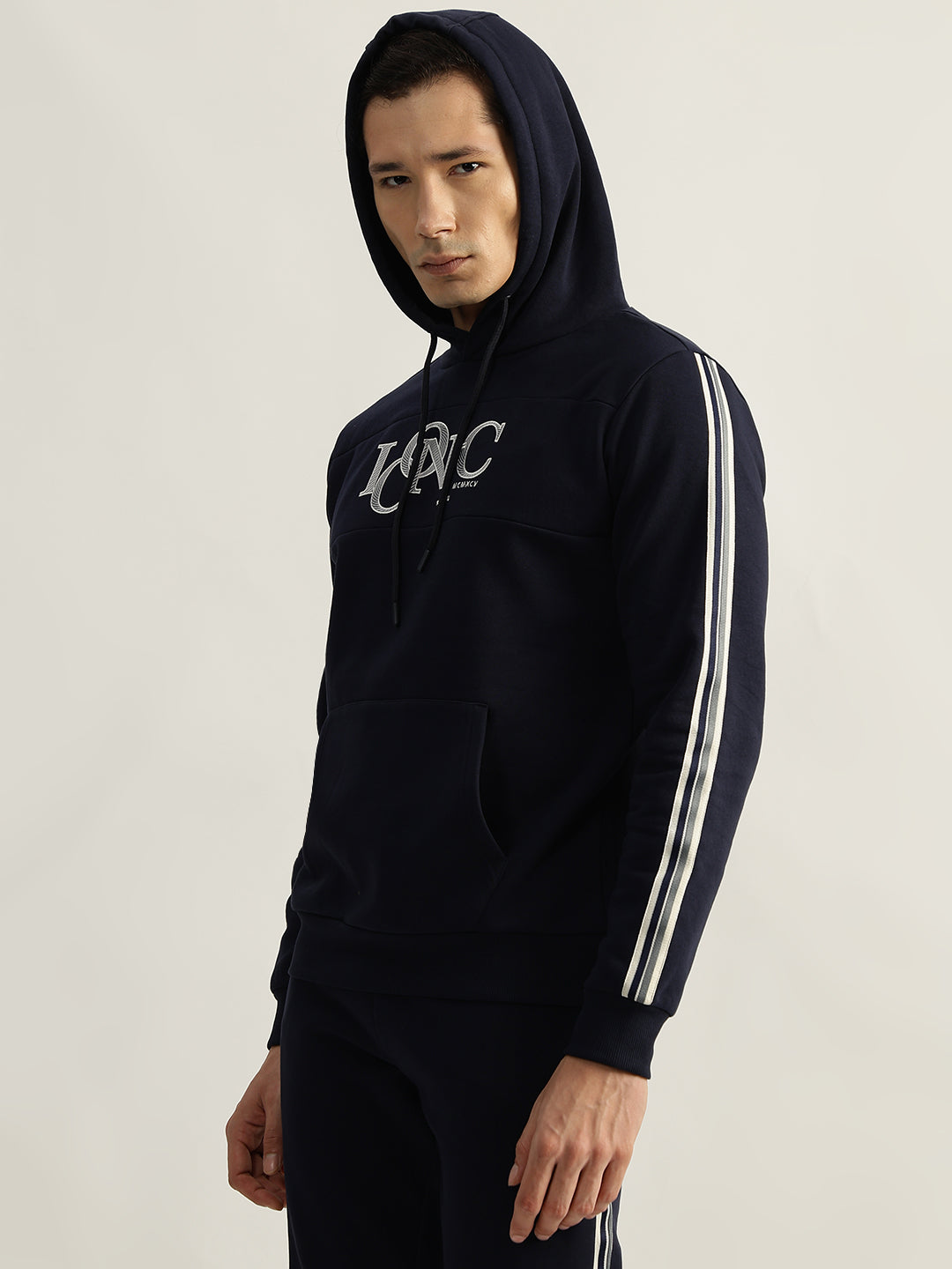 Iconic Men Navy Embroidered Hooded Full Sleeves Sweatshirt