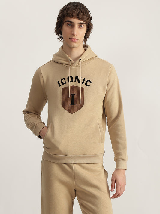 Iconic Men Khaki Solid Hooded Full Sleeves Pullover Style Sweatshirt