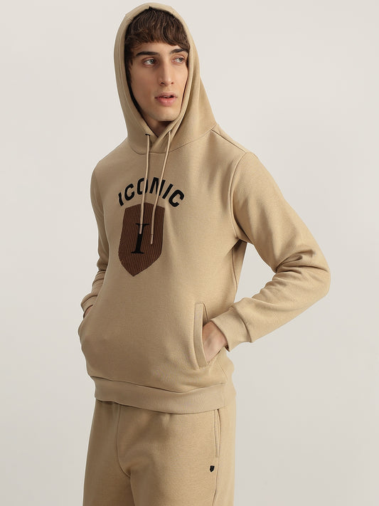 Iconic Men Khaki Solid Hooded Full Sleeves Pullover Style Sweatshirt