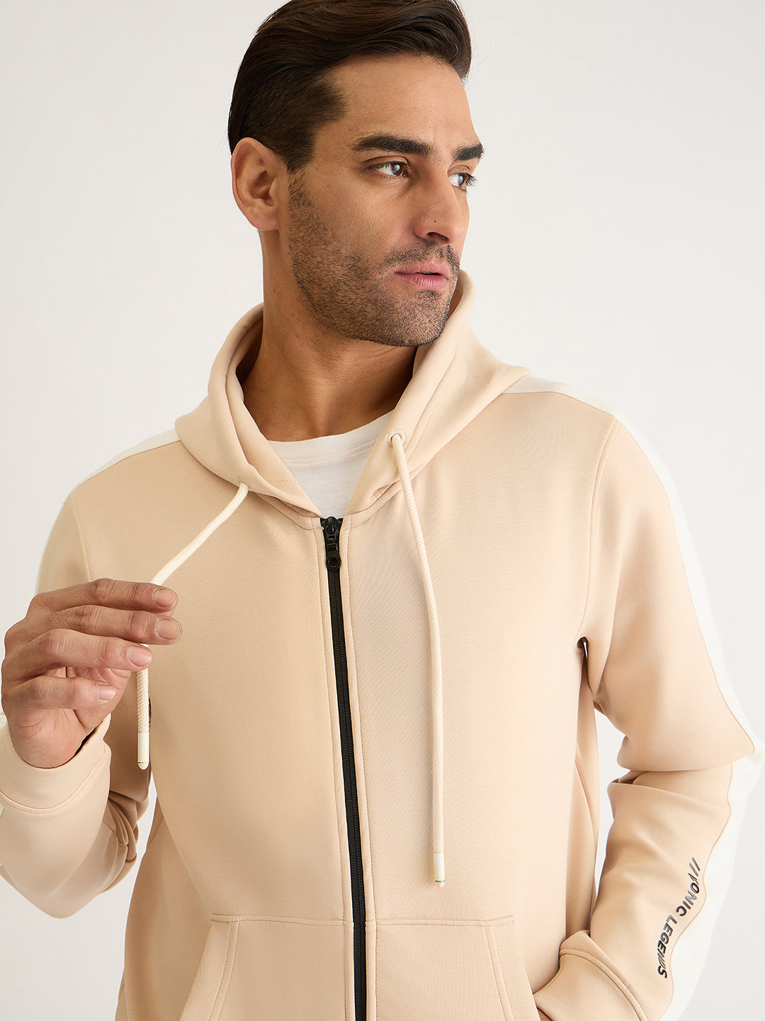 Iconic Men Beige Color-Blocked Hooded Full Sleeves Zip Through Sweatshirt