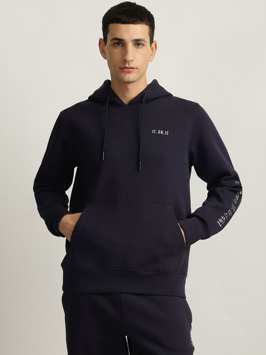 Iconic Men Navy Blue Solid Hooded Full Sleeves Sweatshirt