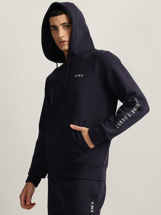 Iconic Men Navy Blue Solid Hooded Full Sleeves Sweatshirt