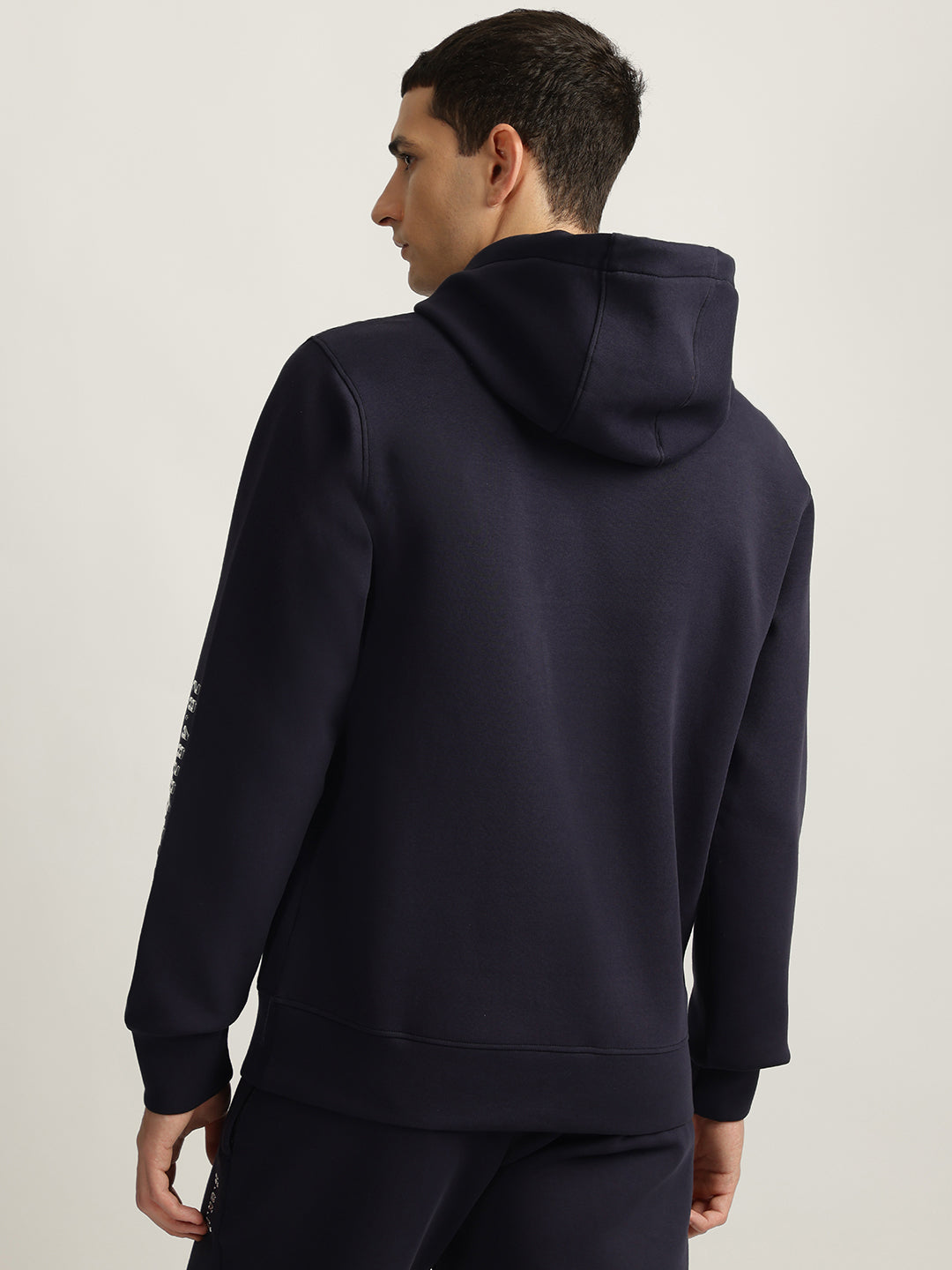 Iconic Men Navy Blue Solid Hooded Full Sleeves Sweatshirt