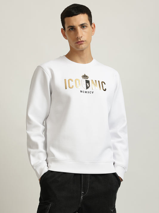 Iconic Men White Printed Round Neck Full Sleeves Pullover Style Sweatshirt