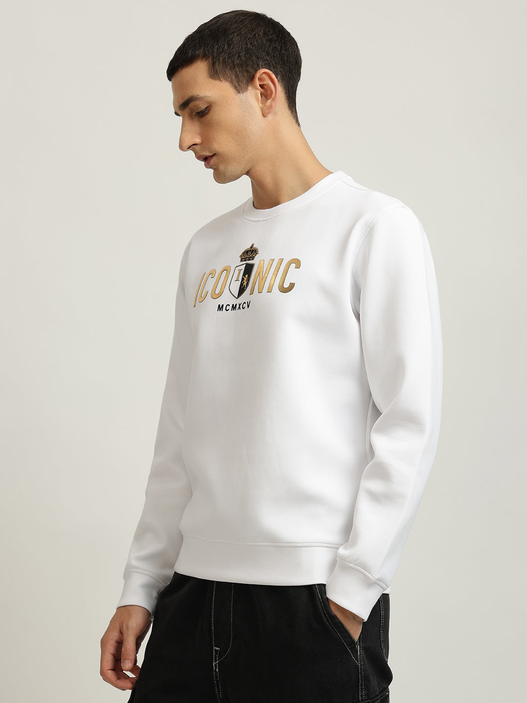 Iconic Men White Printed Round Neck Full Sleeves Pullover Style Sweatshirt