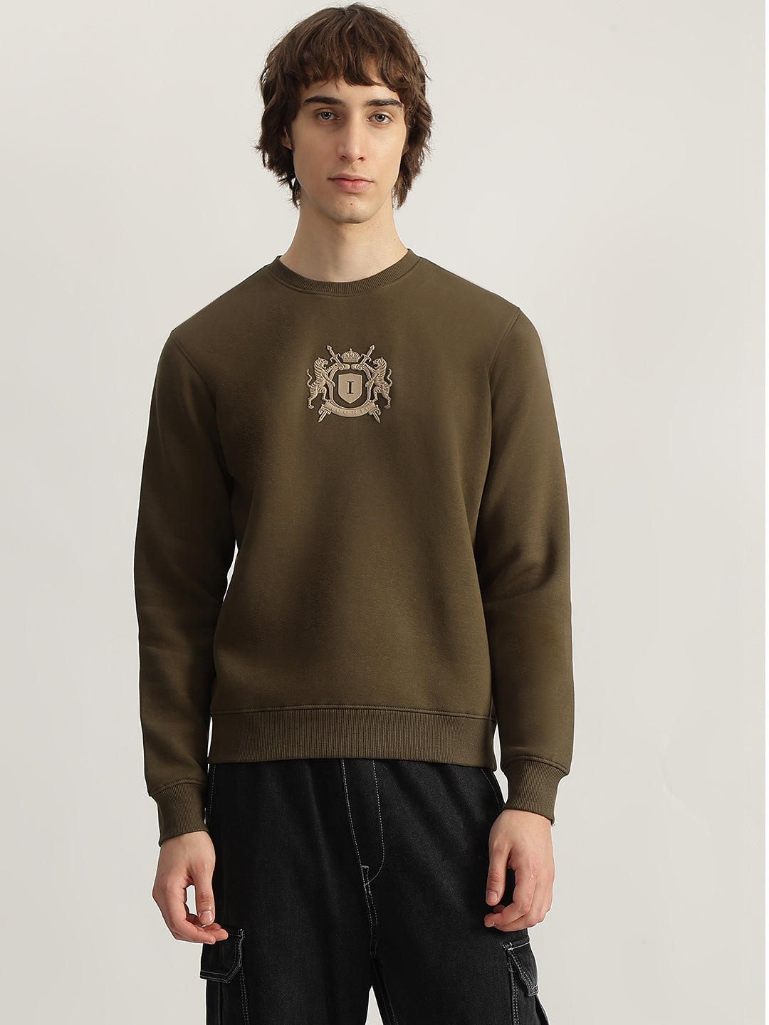 Iconic Men Olive Solid Round Neck Full Sleeves Pullover Style Sweatshirt