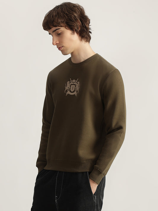 Iconic Men Olive Solid Round Neck Full Sleeves Pullover Style Sweatshirt